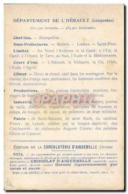 Os Departamentos: HÉRAULT — Edição da CHOCOLATERIE D'AIGUEBELLE — Verso