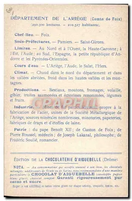 Os Departamentos: ARIÈGE — Edição da CHOCOLATERIE D'AIGUEBELLE — Verso