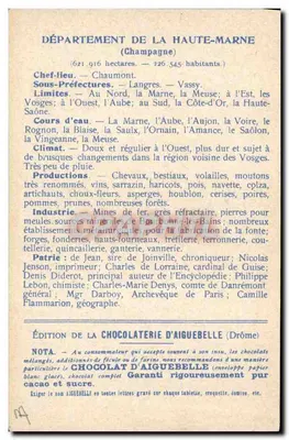 Haute-Marne — Karte der Departemente — Edition der Schokoladenfabrik Aiguebelle — Rückseite