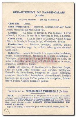 Die Departements: PAS-DE-CALAIS — Edition der CHOCOLATERIE D'AIGUEBELLE — Rückseite