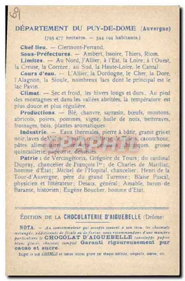 Die Departemente: PUY-DE-DÔME — Ausgabe der CHOCOLATERIE D'AIGUEBELLE — Rückseite