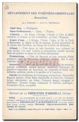 I Dipartimenti: PYRÉNÉES-ORIENTALES — Edizione della CHOCOLATERIE D'AIGUEBELLE — Verso