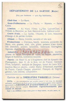 I Dipartimenti: SARTHE — Edizione della CHOCOLATERIE D'AIGUEBELLE — Verso