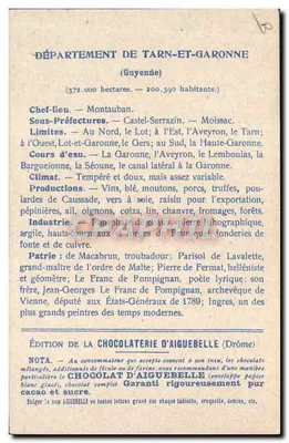Os Departamentos: TARN & GARONNE — Edição da CHOCOLATERIE D'AIGUEBELLE — Verso