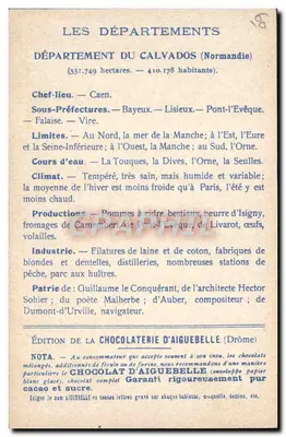 Calvados — Karte der Departemente — Ausgabe der Schokoladenfabrik Aiguebelle — Rückseite