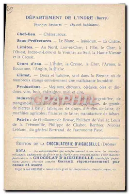 Os Departamentos: INDRE — Edição da CHOCOLATERIE D'AIGUEBELLE — Verso