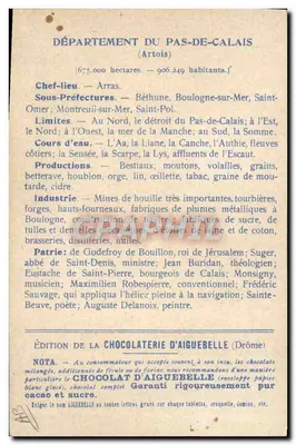 Os Departamentos: PAS-DE-CALAIS — Edição da CHOCOLATERIE D'AIGUEBELLE — Verso