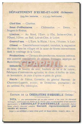 I Dipartimenti: EURE-et-LOIR — Carta geografica con illustrazione del castello di Châteaudun — Edizione della CHOCOLATERIE D'AIGUEBELLE — Verso