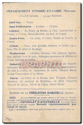 Die Departements: INDRE-et-LOIRE — Edition der CHOCOLATERIE D'AIGUEBELLE — Rückseite