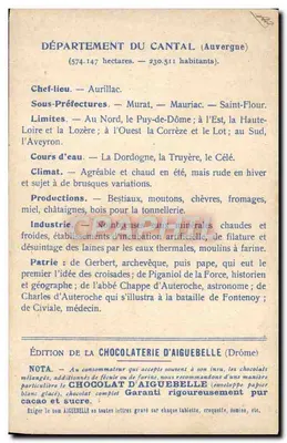 Cantal — Os Departamentos: CANTAL — Edição da CHOCOLATERIE D'AIGUEBELLE — Verso