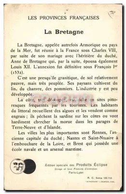 Stara pocztówka Folklore Les Provinces francaises Bretagne — Rewers