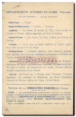 Dipartimento di Indre-et-Loire — Touraine — Edizione della Cioccolateria d'Aiguebelle — Verso
