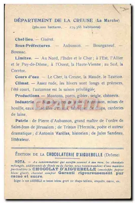 Département Creuse — Geografische und beschreibende Karte — Ausgabe von Chocolaterie d'Aiguebelle — Rückseite