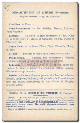 Les Départements : EURE — Édition de la CHOCOLATERIE D'AIGUEBELLE — 裏面