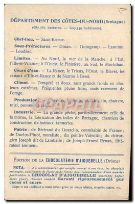 コート・ド・ノルド — 地理的・記述的地図 — アイグベルのチョコレート工場発行 — 裏面