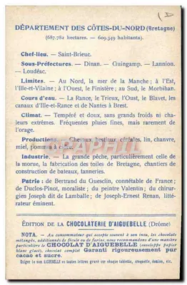 Côtes-du-Nord — Geografische en statistische kaart — Uitgave van de Chocolatfabriek Aiguebelle — Achterkant