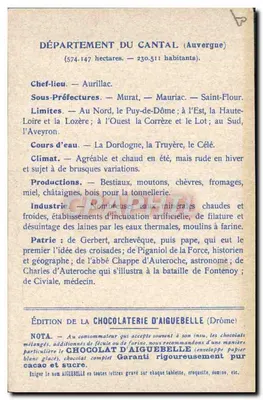 Die Departemente: Cantal — Ausgabe der Schokoladenfabrik Aiguebelle — Rückseite