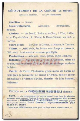 Département der Creuse — Karte und Beschreibung — Edition der Schokoladenfabrik Aiguebelle — Rückseite