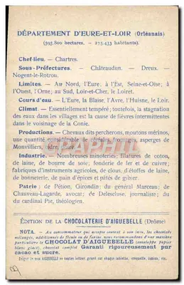 Die Departemente: EURE-ET-LOIR — Karte mit Schloss Châteaudun — Ausgabe der CHOCOLATERIE D'AIGUEBELLE — Rückseite