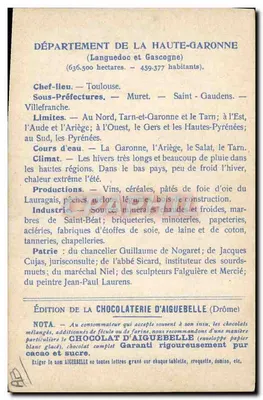 Haute-Garonne — Carta geografica e descrittiva — Edizione della Cioccolateria d'Aiguebelle — Verso