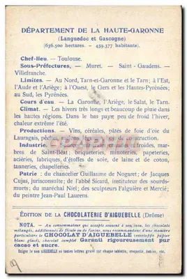 Haute-Garonne — geografische und beschreibende Karte — Ausgabe der Chocolaterie d'Aiguebelle — Rückseite