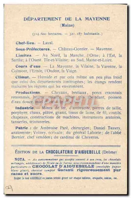 Die Departements: MAYENNE — Ausgabe der CHOCOLATERIE D'AIGUEBELLE — Rückseite