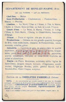 Illustrierte Ansichtskarte des Departements Seine-et-Marne — Edition der Schokoladenfabrik Aiguebelle — Rückseite