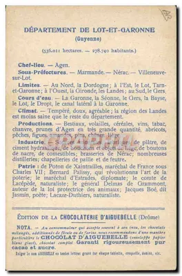 I Dipartimenti: LOT e GARONNE — Edizione della CHOCOLATERIE D'AIGUEBELLE — Verso