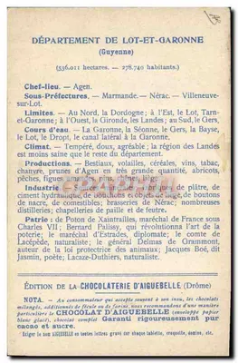 Lot-et-Garonne — Carta geografica e descrittiva — Edizione della Cioccolateria d'Aiguebelle — Verso