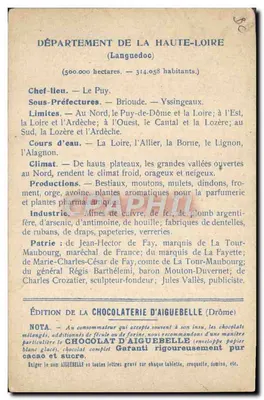Alta Loira — Carta dei dipartimenti — Edizione della Cioccolateria d'Aiguebelle — Verso