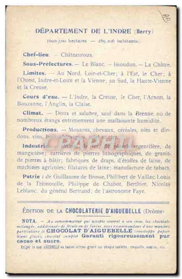Les Départements : INDRE — Édition de la CHOCOLATERIE D'AIGUEBELLE — Rückseite