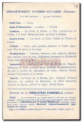 Die Departemente: INDRE-ET-LOIRE — Ausgabe der CHOCOLATERIE D'AIGUEBELLE — Rückseite