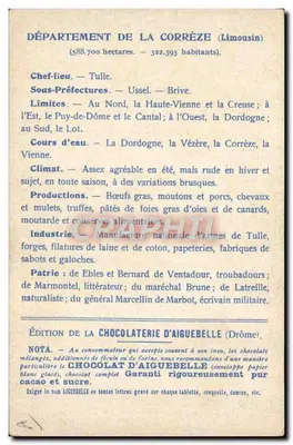 Corrèze — Geografische und touristische Karte — Ausgabe der Schokoladenfabrik Aiguebelle — Rückseite