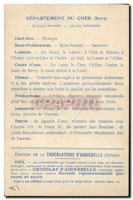 De Departementen: CHER — Uitgave van de CHOCOLATERIE D'AIGUEBELLE — Achterkant