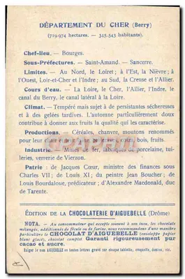 Die Departemente: CHER — Ausgabe der CHOCOLATERIE D'AIGUEBELLE — Rückseite