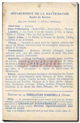 Haute-Savoie — Geografische und beschreibende Karte — Ausgabe der Schokoladenfabrik Aiguebelle — Rückseite