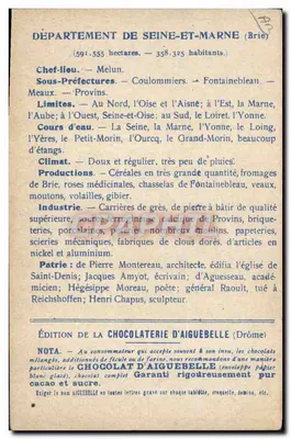 Die Departements: SEINE & MARNE — Ausgabe der CHOCOLATERIE D'AIGUEBELLE — Rückseite