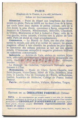 Paris — Ansichtskarte mit Karte — Edition der Schokoladenfabrik Aiguebelle — Rückseite