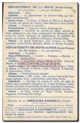 De Departementen: SEINE & SEINE-ET-OISE : — Uitgave van de CHOCOLATERIE D'AIGUEBELLE — Achterkant