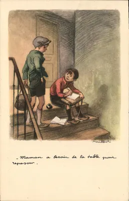 Dois meninos em um corredor — cena da vida cotidiana — desenho de Roullbot