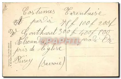 Trajes de Savóia (Tarentaise) — Sujeto: mulher em traje tradicional — editor F. de Miguer, Chambery, n° 67 — Verso
