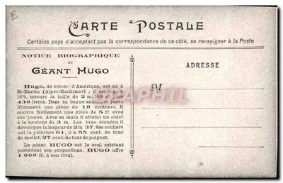 Géant Hugo — notice biographique — Éditeur : Carte Postale — Verso