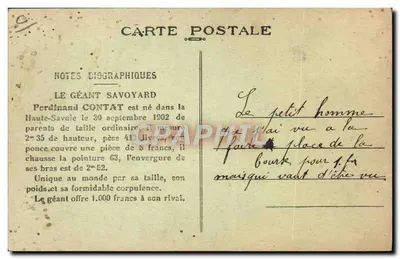 De Savoyarder gigant — Ferdinand Contat — antieke ansichtkaart met biografische notities — Achterkant