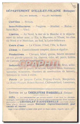 Illustrierte Ansichtskarte des Departements Ille-et-Vilaine — Ausgabe der Schokoladenfabrik Aiguebelle — Rückseite