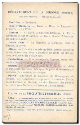 Die Departemente: GIRONDE — Ausgabe der CHOCOLATERIE D'AIGUEBELLE — Rückseite