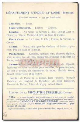 Indre-et-Loire — Karte der Departemente — Ausgabe der Schokoladenfabrik Aiguebelle — Rückseite