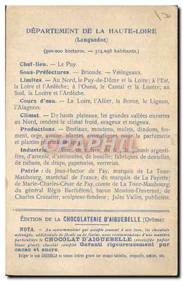 Haute-Loire — Karte der Departements — Edition der Schokoladenfabrik Aiguebelle — Rückseite
