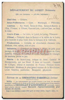 Les Départements : LOIRET — Carte géographique avec illustration du Château de Sully-sur-Loire — Édition de la CHOCOLATERIE D'AIGUEBELLE — Reverso