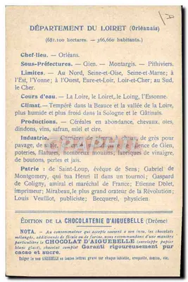 Die Departements: LOIRET — Ausgabe der CHOCOLATERIE D'AIGUEBELLE — Rückseite