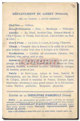 Die Departemente: LOIRET — Ausgabe der CHOCOLATERIE D'AIGUEBELLE — Rückseite